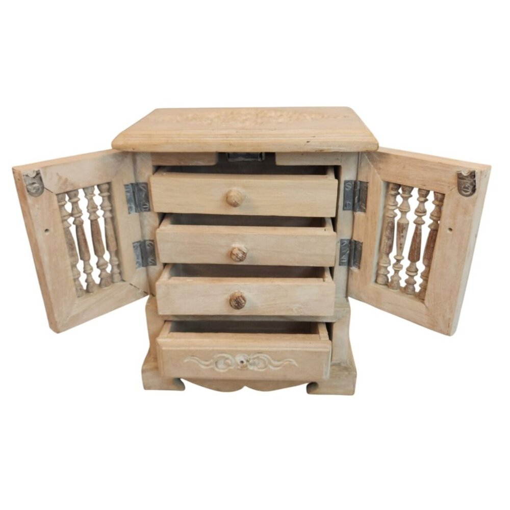 Rustic Handcrafted Wooden Jewelry Box With Intricate Carved Panels & Hinged Door